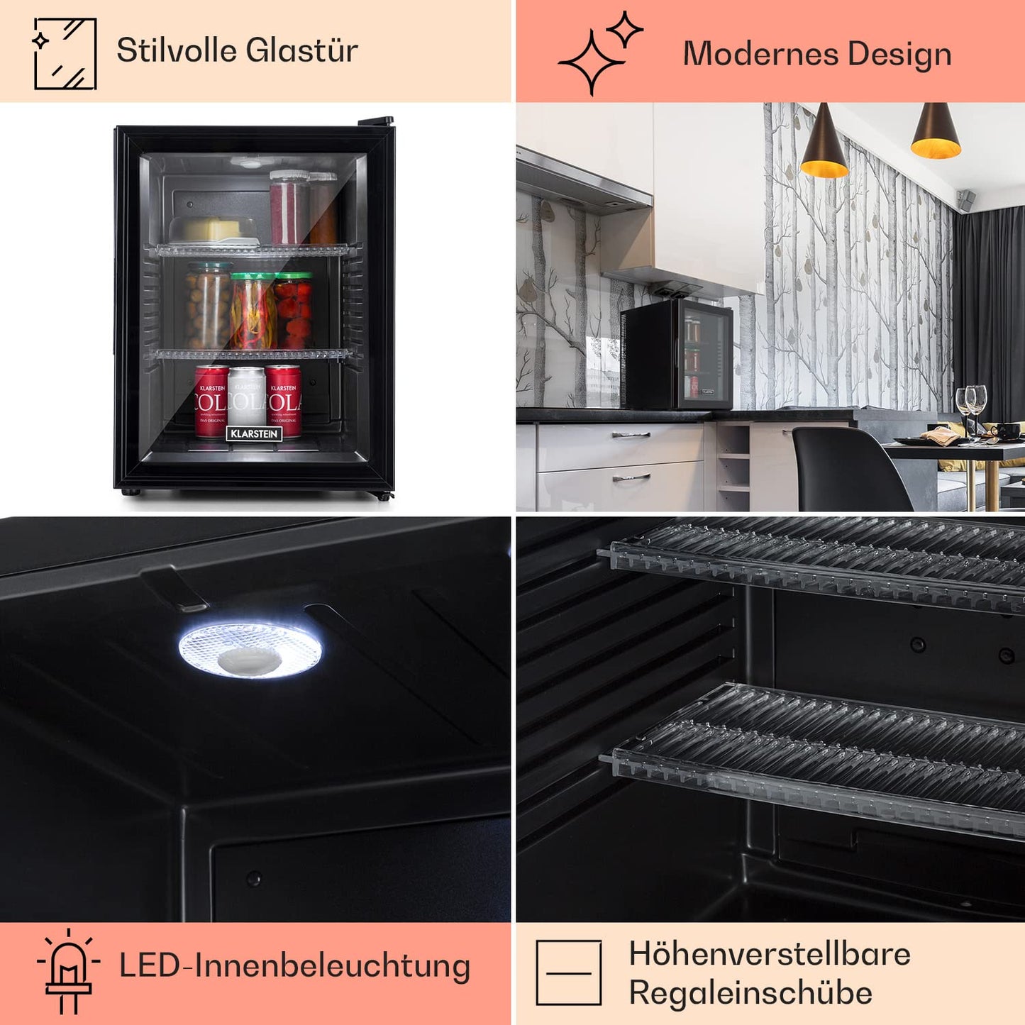 Klarstein Kühlschrank, Mini Kühlschrank mit Glastüre, Mini-Kühlschrank für Getränke, Snacks & Kosmetik, Kühlschrank Klein & Leise, Verstellbare Ablagen, Kleiner Skincare Kühlschrank 12-18°C, 23L