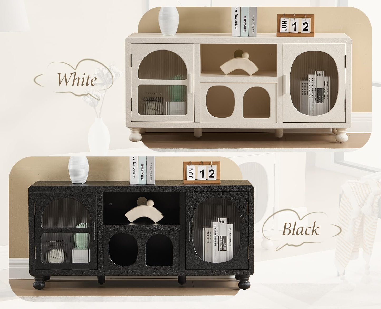 Ya-Home Lowboard with 2 Glass Doors Storage Cabinet with Compartments Sideboard with Solid Wood Legs for Living Room Black