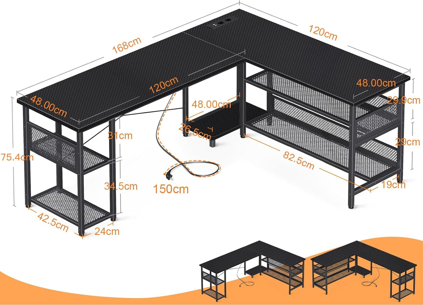 ODK Gaming Tisch, Reversibel Gaming Schreibtisch mit 2 Steckdosen und 2 USB Ladeanschluss, Eckschreibtisch für Office und Gaming, Weiß, 150×102cm