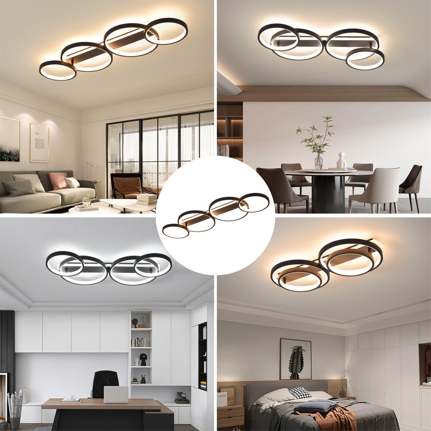 LED Ceiling Lamp, Dimmable Ceiling Light with Remote Control App, Adjustable Ring Shape Living Room Lamp 4 Bulbs Chandelier Lamp, 48 W 3000-6500 K Ceiling Lighting for Bedroom Living Room, Black, 86