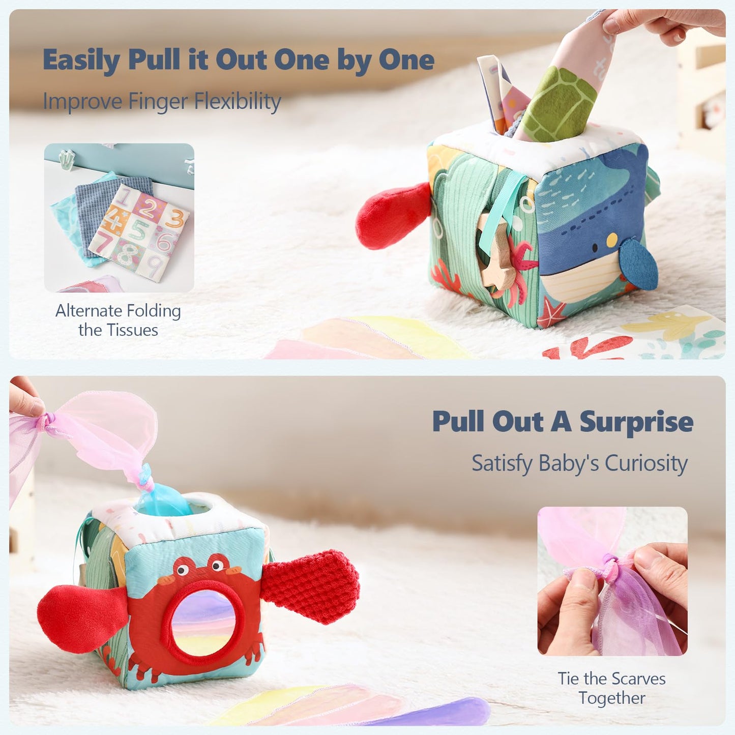 WOODEN TEETHER Tissue Box Montessori Motorikspielzeug, 6-12 Monate Sensorik Baby Spielzeug mit Spiegel, Farben, Texturen, Kinder Frühes Lernspielzeug für Jungen Mädchen Geschenke