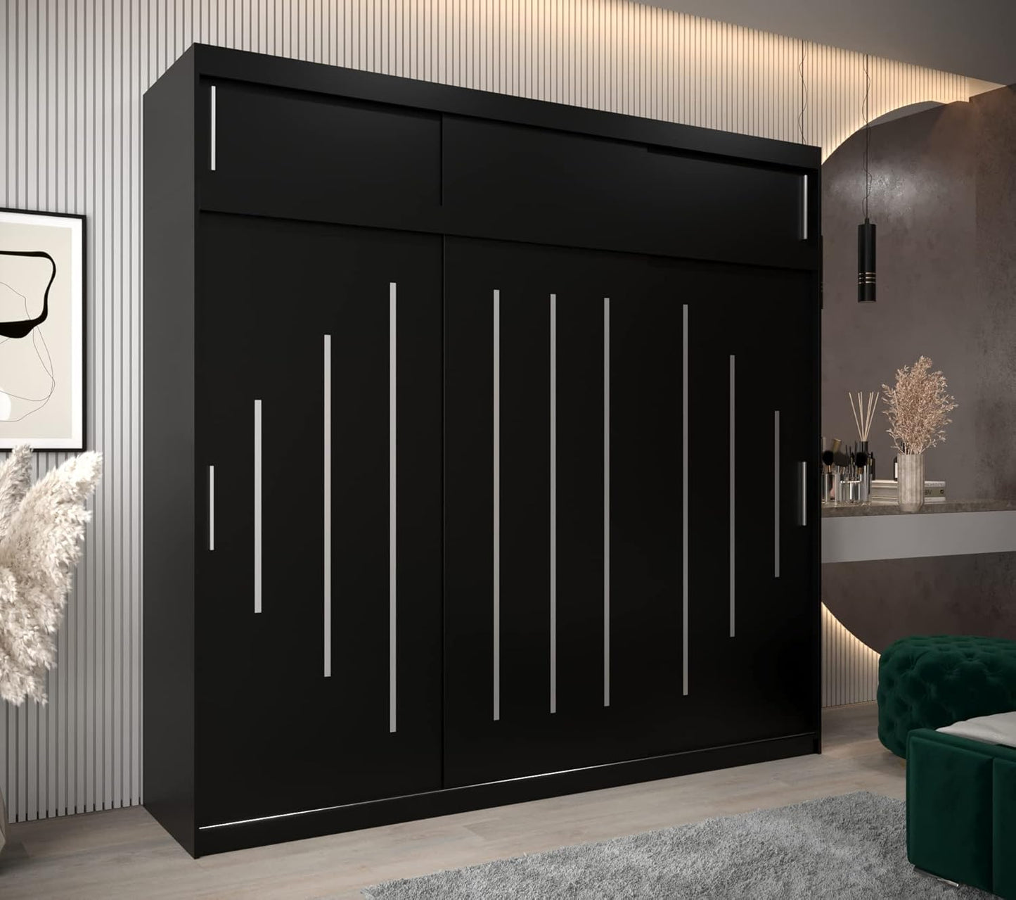 Kryspol Schwebetürenschrank York 250 cm Kleiderschrank mit Kleiderstange und Einlegeboden Schlafzimmer- Wohnzimmerschrank Schiebetüren Modern Design (Weiß)