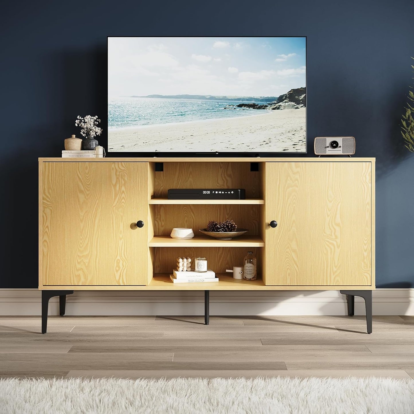 SONNI Modern TV Cabinet 180 cm, Lowboard High Gloss White with 16 Colours LED Lighting, Drawer, Open Glass Shelves, TV Stand for TVs up to 65 Inches, Living Room & Bedroom, 180 x 35 x 45 cm