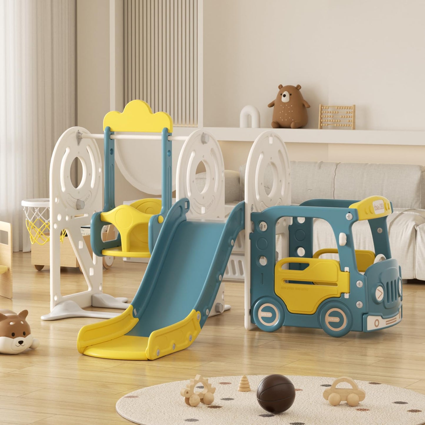 Rutsche mit Klettergerüst für Kinder: Indoor Spielplatz mit - Aufbewahrungsbox Tunnel Treppenleiter Basketballkorb und Durchgangsbereich Gartenrutsche (Star Set-G-Brown)