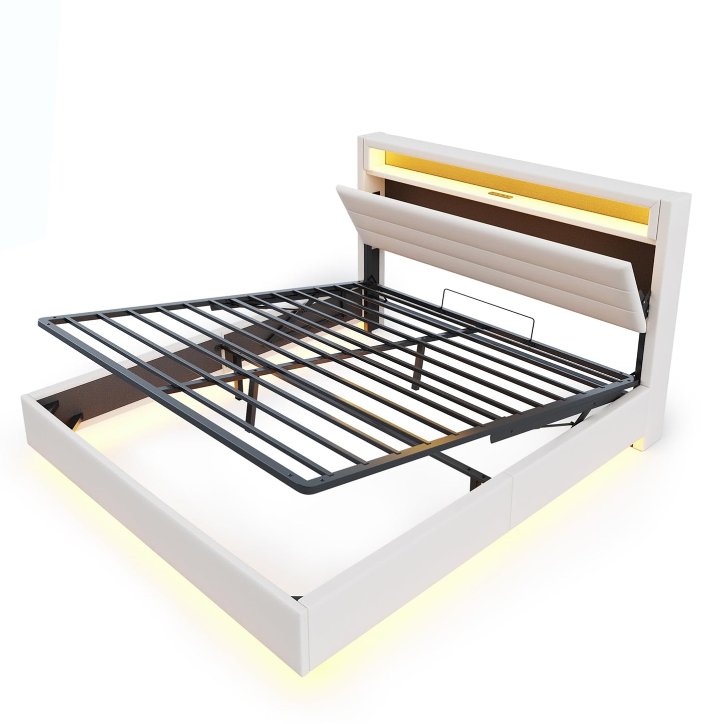 LAKFEW Upholstered Bed 140 x 200 cm, Double Bed Functional Bed with USB Socket and LED Lighting, Hanging Bed Headboard with Concealed Storage Space, Bed Frame Bed with Slatted Frame, Linen, Without