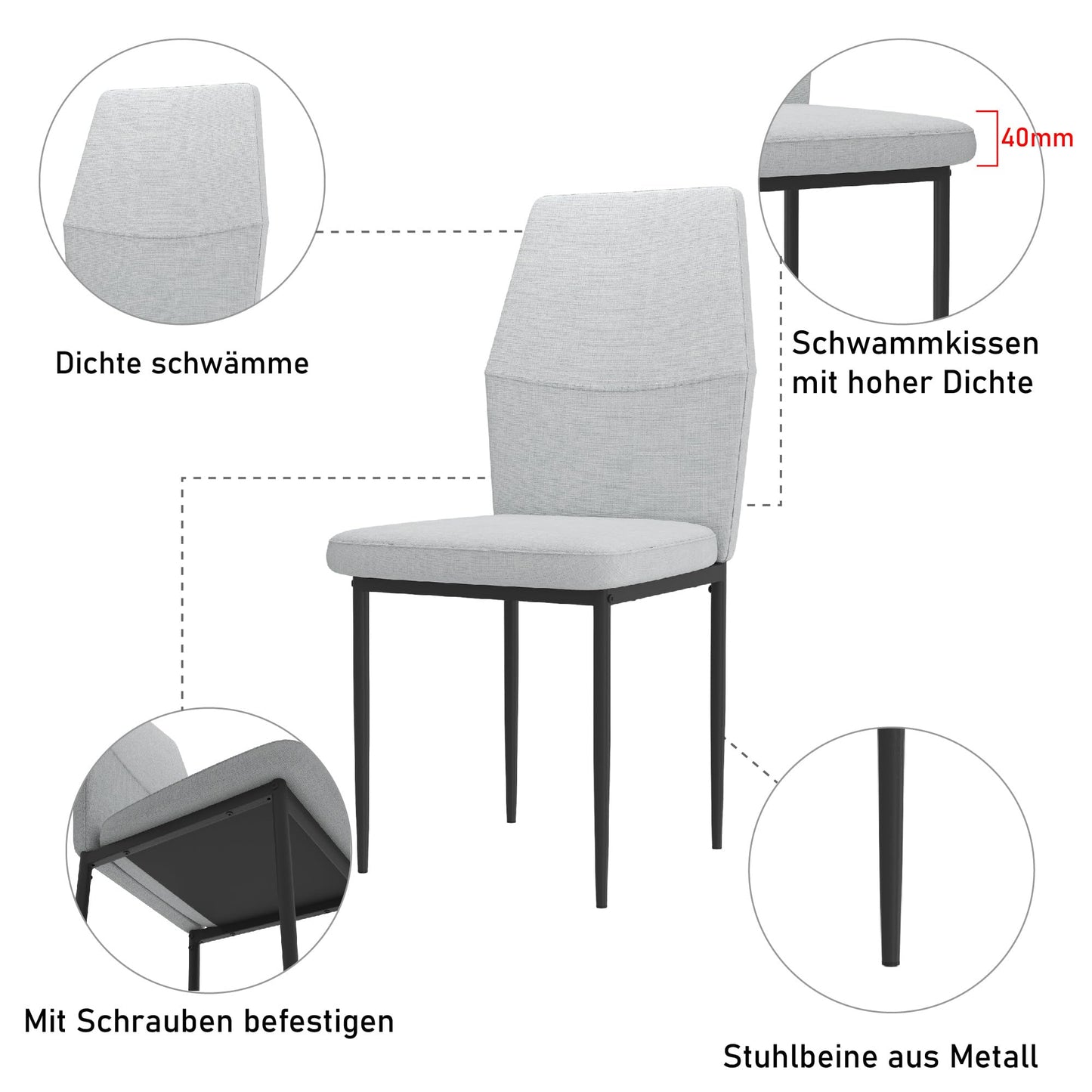 GOLDFAN Glas Esstisch Set 4 Stühle Rechteckiger Esstisch und Rückenlehne Esszimmerstuhl für Küche Wohnzimmer Büro, Grau