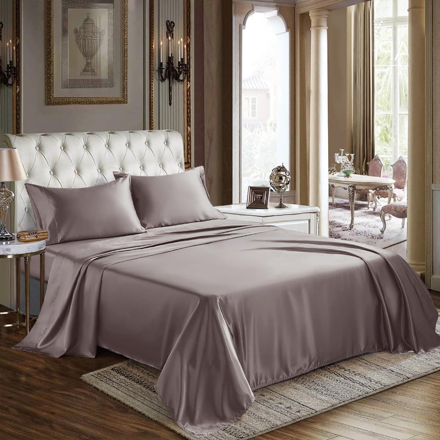 CozyLux Satin Sheets Queen Size - 4 Piece Black Bed Sheet Set with Silky Microfiber, 1 Deep Pocket Fitted Sheet, 1 Flat Sheet, and 2 Pillowcases - Smooth and Soft