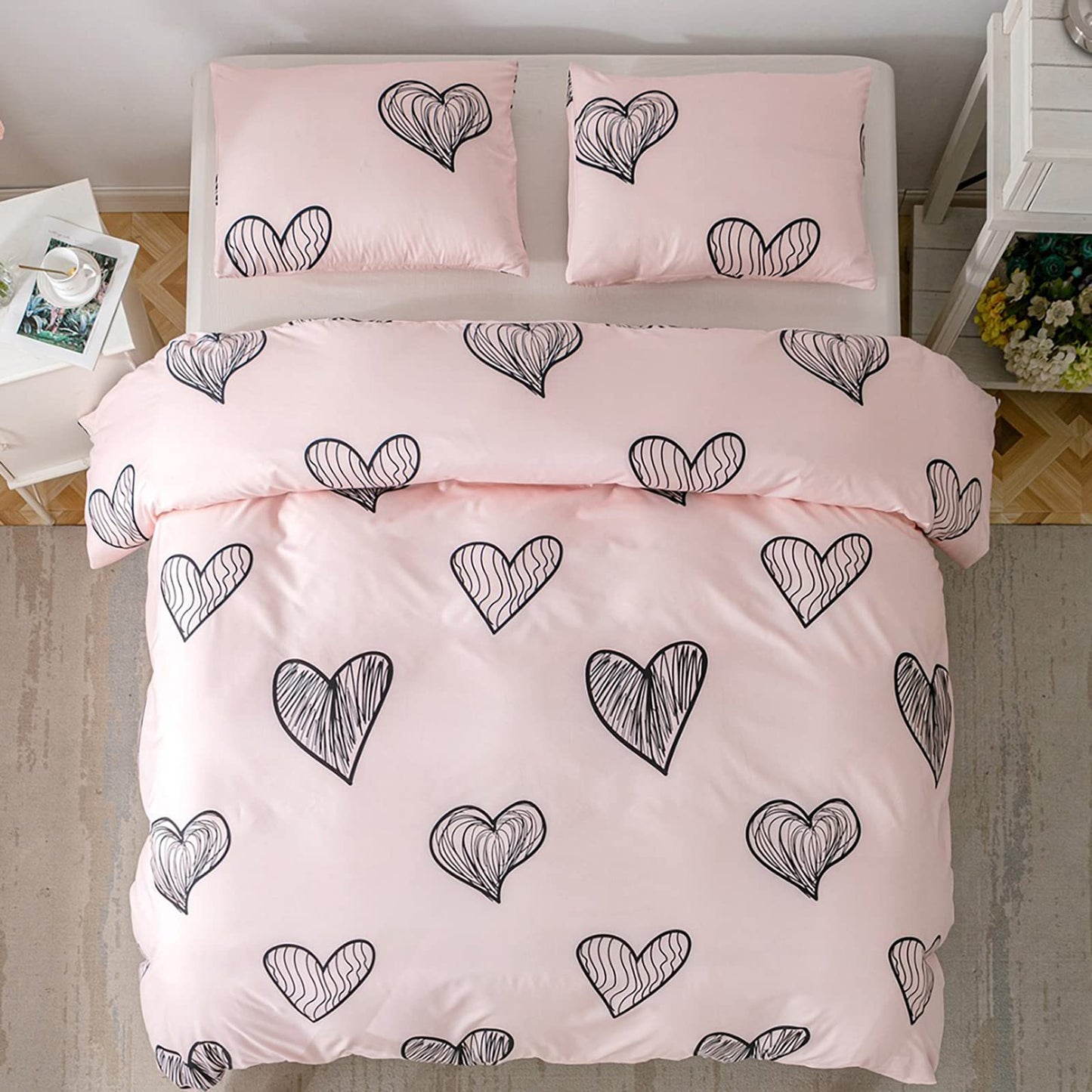 GETIYA Cartoon Hearts Bed Linen, 135 x 200 cm, Girls'/Women’s/Children’s Bed Linen, Pink Hearts Pattern, Duvet Cover, Microfibre, Duvet Cover, Light Pink, with Zip and Pillowcase, 80 x 80 cm