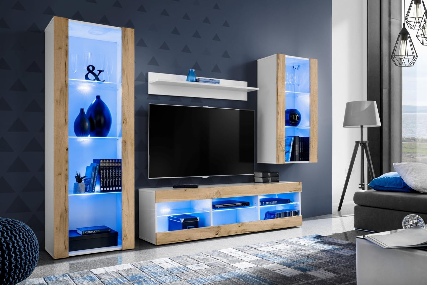 Komodee Tivoli Medio Wall Unit Living Room Set, Black/Black, Width 245 cm x Height 159 cm x Depth 35 cm, LED Blue, for Living Room, Bedroom