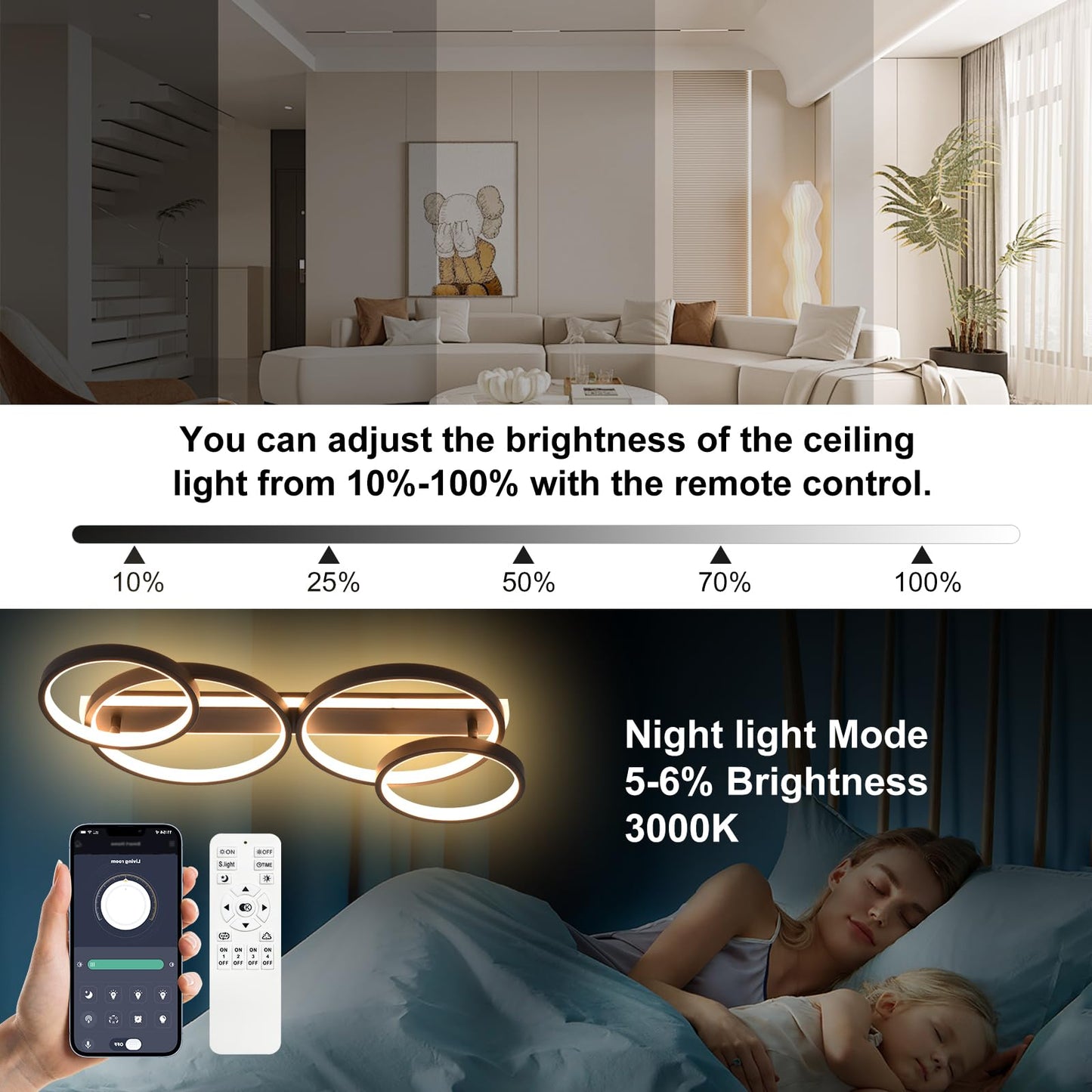 LED Ceiling Lamp, Dimmable Ceiling Light with Remote Control App, Adjustable Ring Shape Living Room Lamp 4 Bulbs Chandelier Lamp, 48 W 3000-6500 K Ceiling Lighting for Bedroom Living Room, Black, 86