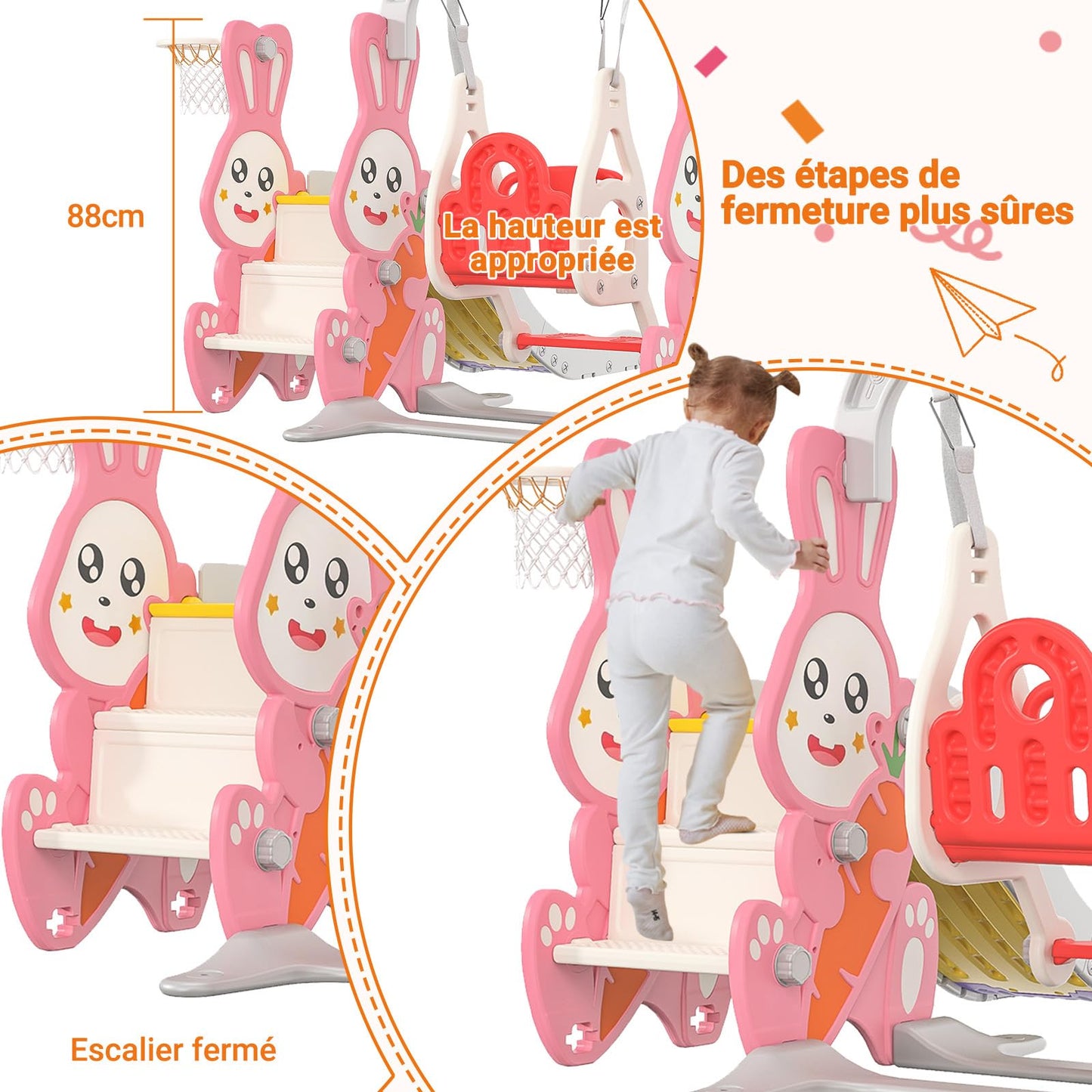Kinderrutsche, Babyschaukel, 4 in 1, mit Schaukeln, Treppen, Gleiten, Basketballgestellen, Spielplatz für drinnen und draußen, multifunktionale Rutsche (Rosa, Kaninchen)
