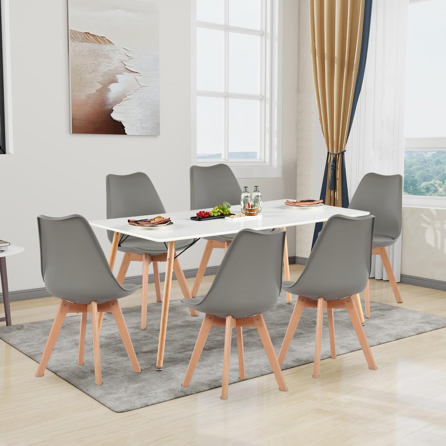 H.J WeDoo Esszimmergruppe mit 4 Essstühlen, Rechteckig Esstisch und Stühle für Esszimmer, Küche, Wohnzimmer, Weißer Esstisch und Graue Stühle