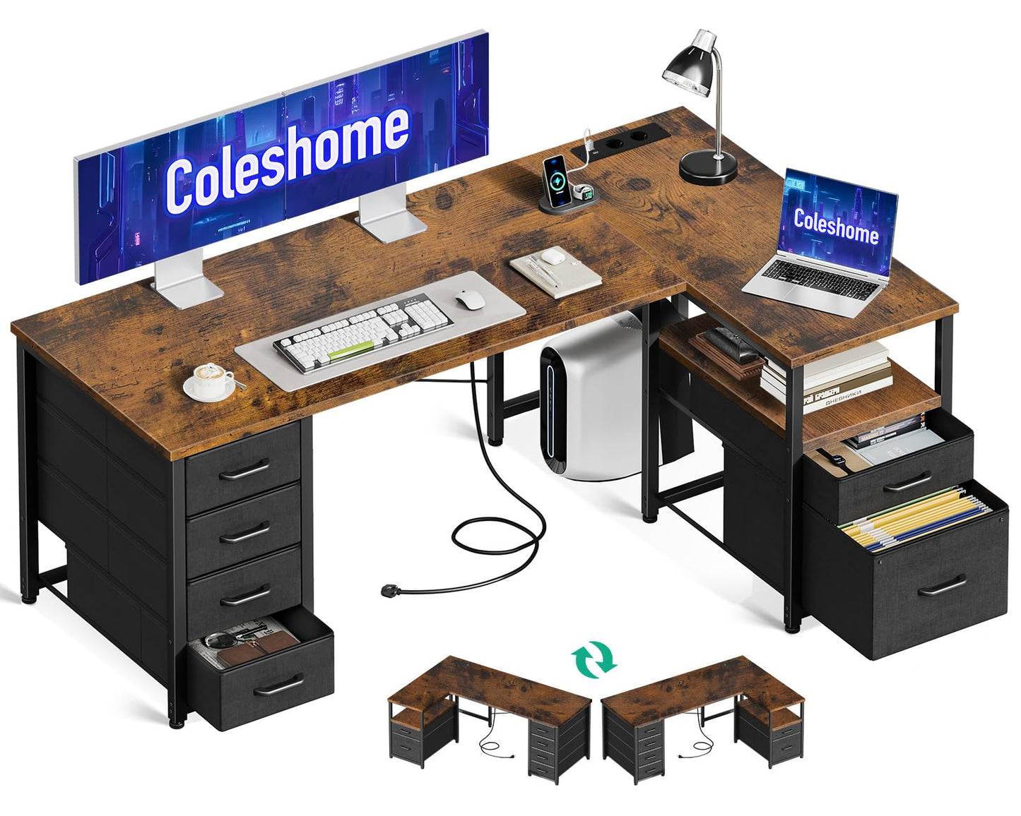 Coleshome Desk with Fabric Drawers, Reversible Desk L Shape with Filing Drawer, Corner Desk with USB Charging Port and Socket, Home Office Desks (White, 140 x 70 cm)
