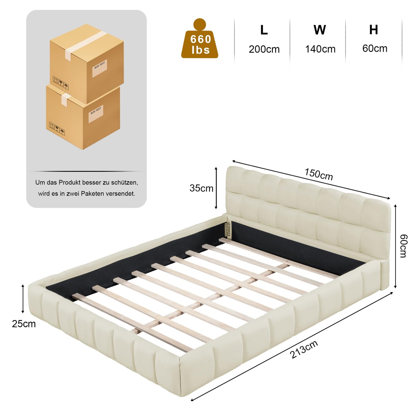 DULRLLY Bubble Bett Polsterbett 140x200 cm,Doppelbett mit Lattenrost, Jugendbett mit Gepolstertes Kopfteil, Gepolstertes Bett für Schlafzimmer und Gästezimmer,ohne Matratze, Leinenstoff (Weiß)