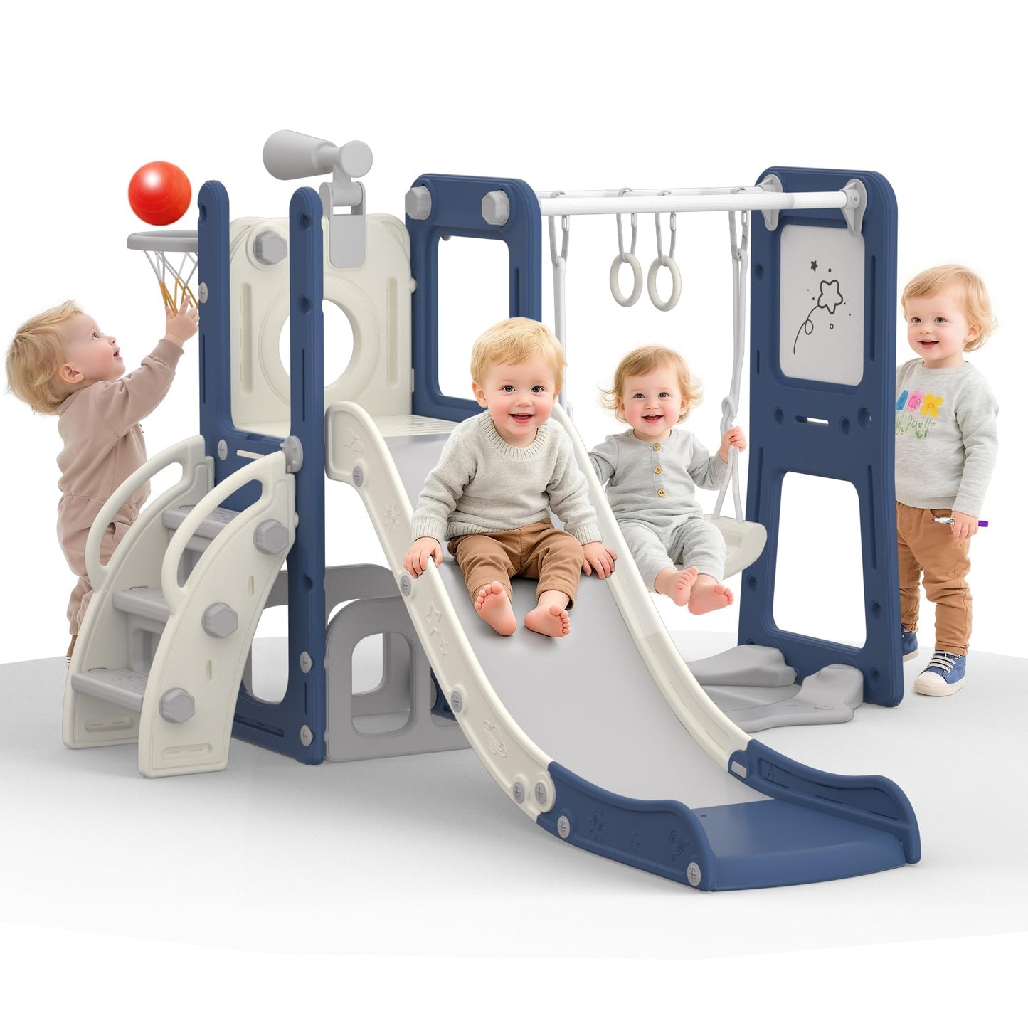 hoopyosms 8-in-1 Rutsche und Schaukel Set für Kleinkinder mit Whiteboard, Basketballkorb, Teleskop, Klettergerüst & Turnringen, Indoor Outdoor Spielplatz Aktivitätscenter für Kinder(Grün)