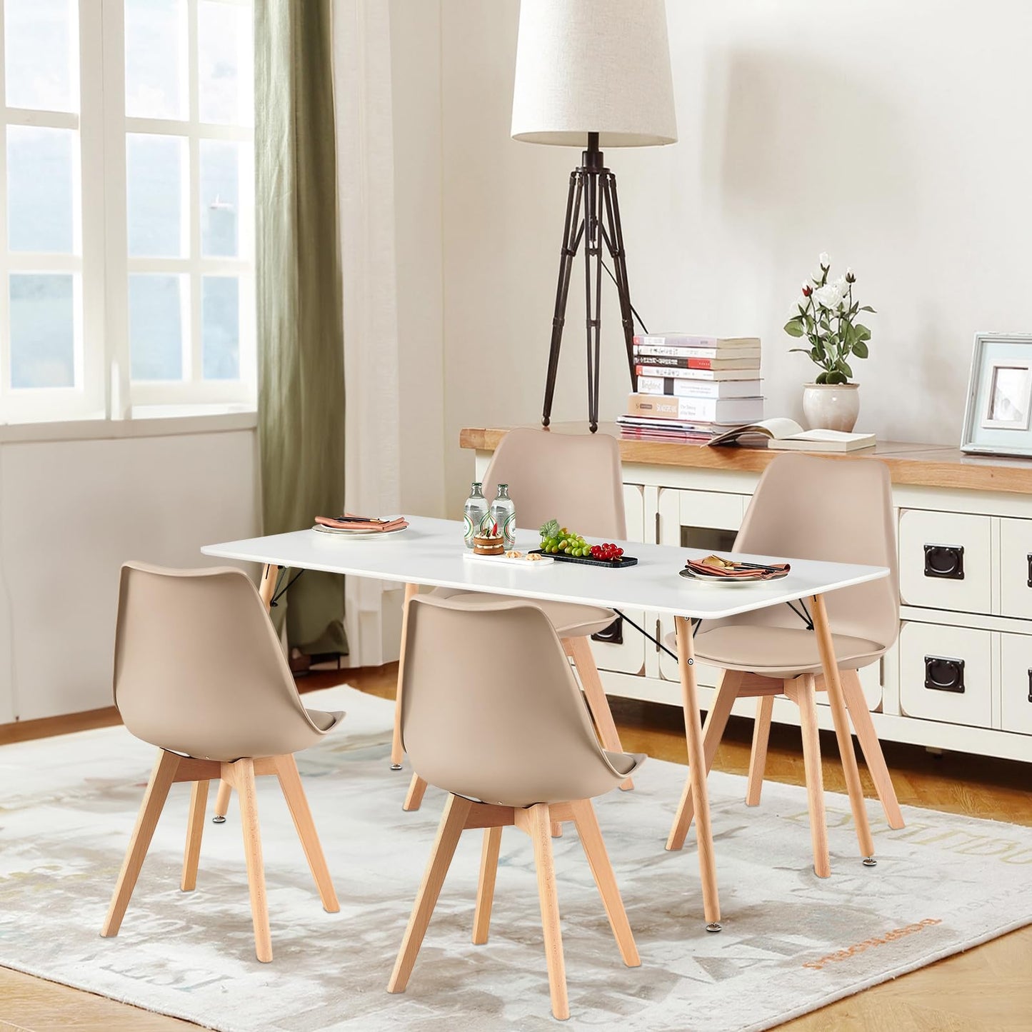H.J WeDoo Esszimmergruppe mit 4 Essstühlen, Rechteckig Esstisch und Stühle für Esszimmer, Küche, Wohnzimmer, Weißer Esstisch und Graue Stühle