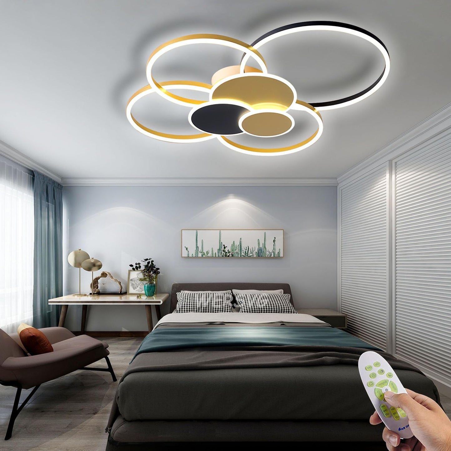 WERSVG L80cm Modern LED Deckenleuchte Wohnzimmer Deckenlampe gold 6-Ring Deckenleuchte 70W 5600LM Dimmbar 3500K - 6500KMit Fernbedienung flurlampe decke, für Wohnzimmer Schlafzimmer Küche Esszimmer