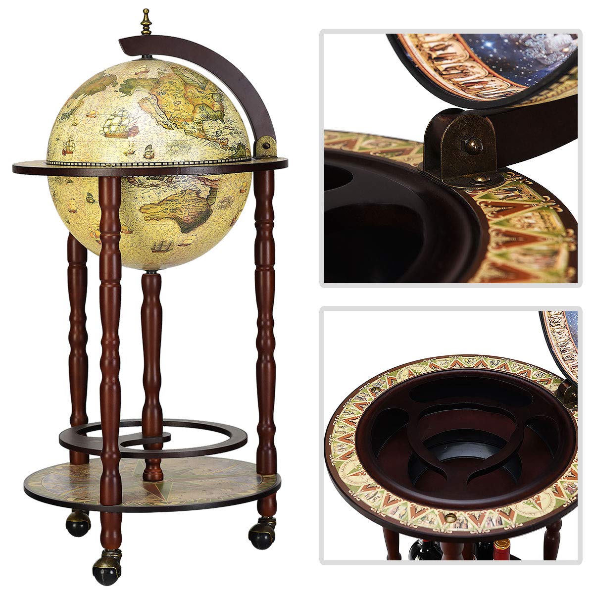 RELAX4LIFE Globe Bar on Wheels, Bar Trolley with World Globe, Bar Table Solid Wood, Serving Trolley with Wine Bottle Holder, Mobile Cocktail Bar, Antique Look, Decorative Mini Bar Serving Table
