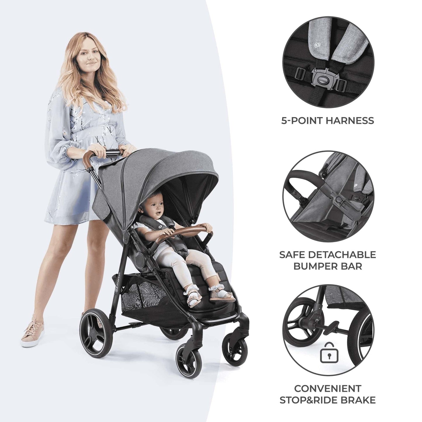 Kinderkraft GRANDE PLUS Kinderkraft buggy von Geburt bis 22 kg, Zusammenklappen mit einer Hand, Liegeposition, großes Verdeck mit Fenster, alle 4 Räder gedämpft, geräumige Sitz, Grau