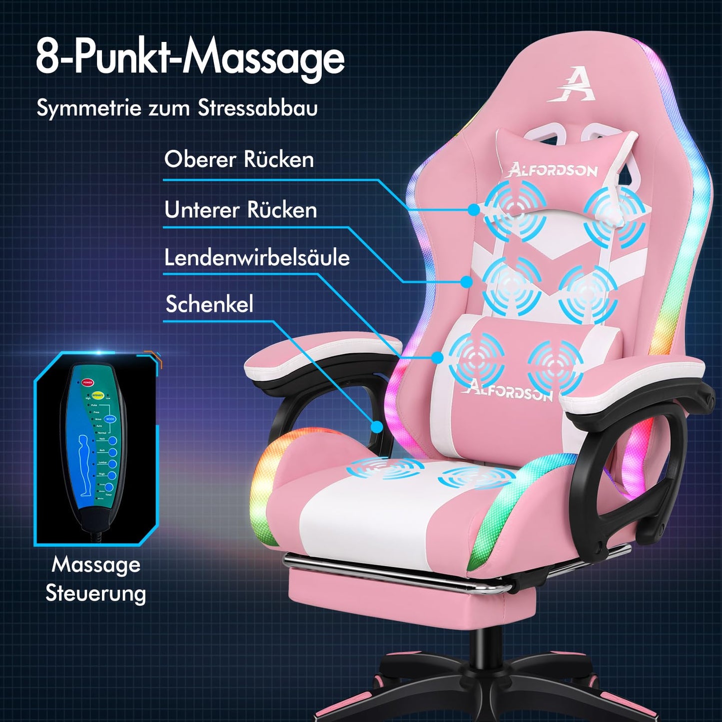 ALFORDSON Gaming Stuhl mit 8-Punkt Massage 12 Farben RGB LED-Licht, Bürostuhl Ergonomisch mit fußstützen, Kopfstütze Lendenkissen für Kinder Erwachsene, Schwarz