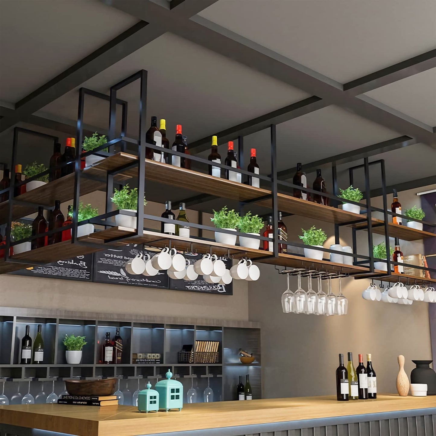 KEPMOGOH Deckenregal Weinregal mit Glashalter, Schwebendes Hängeregal 2-Lagiger Industrieller Hängender Weinflaschenhalter, Schwarzes Metall-Deckenregal für Bar-Café-Küche (Schwarz, 160×30×80cm)