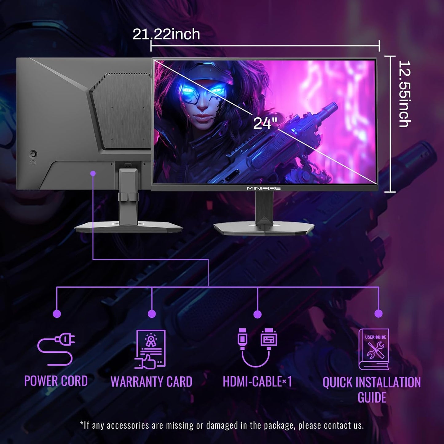 Minifire 24 Zoll Monitor, 100Hz, Full HD(1980x1080p),5ms(OD), Adaptive-Sync, sRGB110%, Eye-Care,VESA, PC Bildschirm mit HDMI USB-C Ports - MF24X3AL