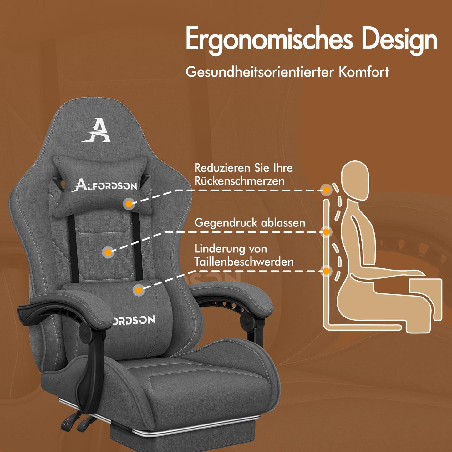 ALFORDSON Gaming-Stuhl mit Massage-Lendenwirbelkissen, ergonomischer Gamer-Racer-Stuhl mit Verstellbarer Rückenlehne, Drehstuhl mit Fußstütze, höhenverstellbar, Schwarz