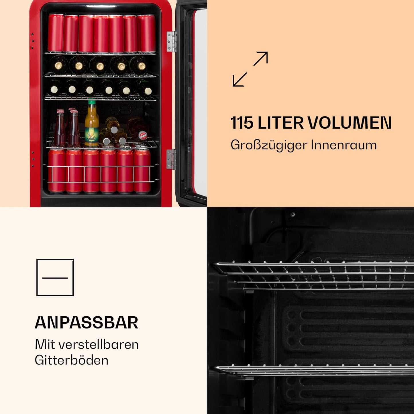 Klarstein PopLife Getränkekühler - Mini-Bar, Retrokühlschrank, 0-10°C, nur 39 dB, 115 L, umweltfreundlich, doppelt verglaste Tür, Retro-Design, rot