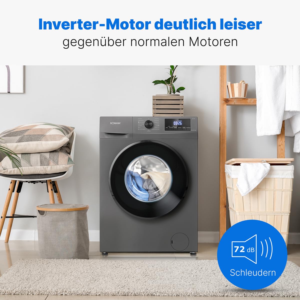 Bomann® Washing Machine 8 kg | Max. 1400 rpm | Robust, Quiet & Durable Inverter Motor | 15 Washing Programmes | LED Display | with Steam Function | WA 7185 Titanium - Black