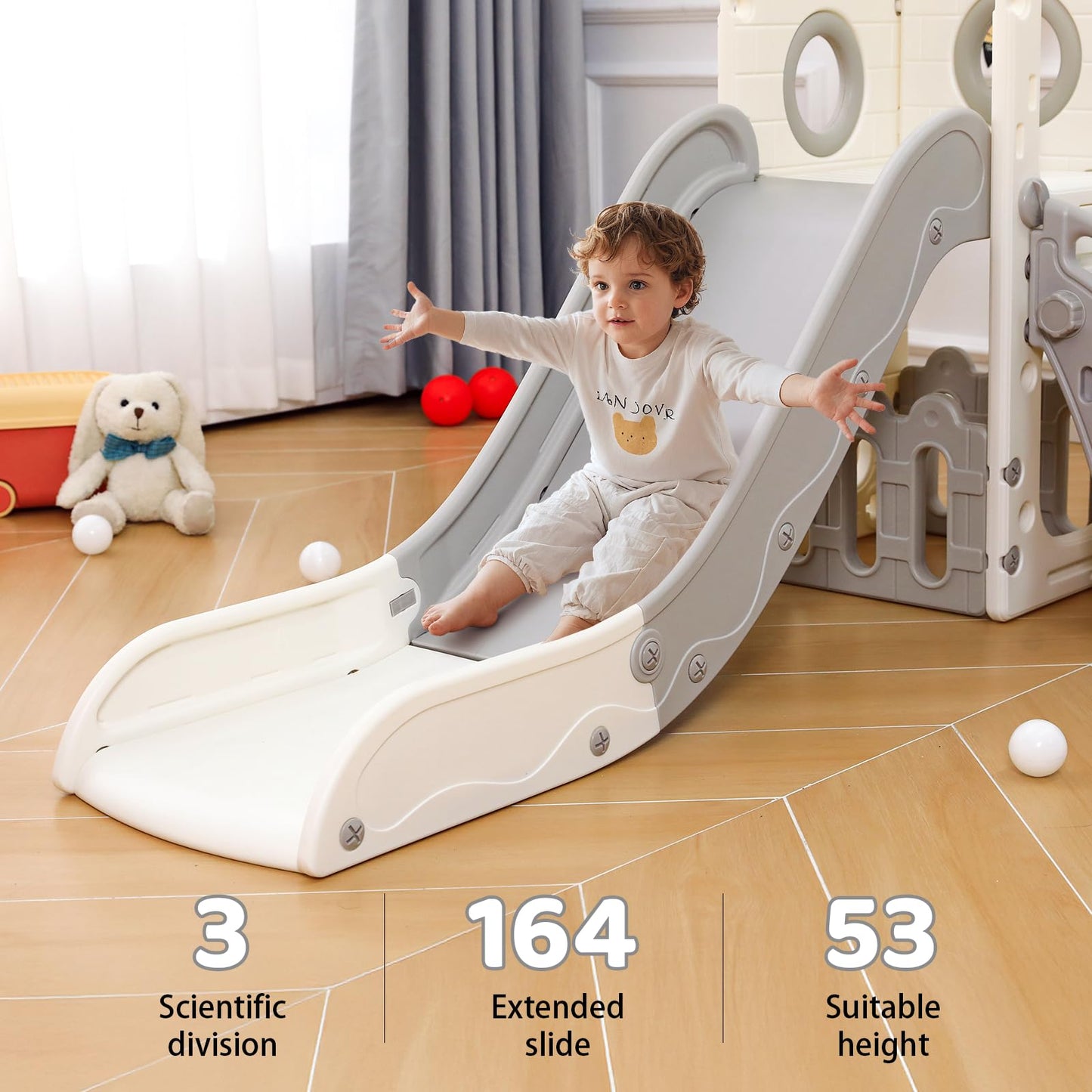 Kinderrutsche, für 1-3 Jahre, Indoor & Outdoor Rutsche ab 1 Jahre, Freistehende Rutsche mit Stauraum & Spielteleskope, Gartenrutsche, Kinder Spielplatz, mit 2PCS Moduls, Grün Grau