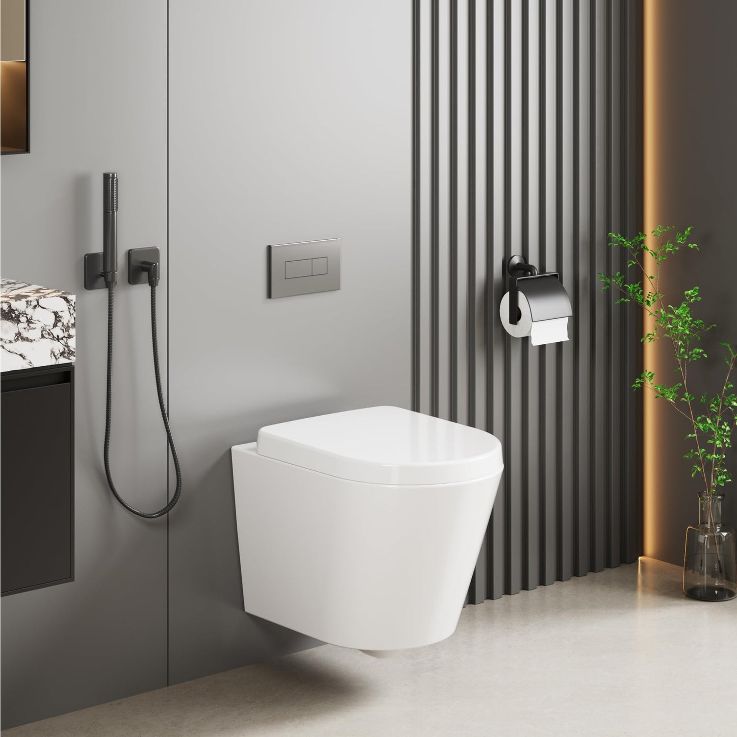 Hängend WC Spülrandlos Toilette, Wand-WC Set aus Keramik mit Toilettendeckel Abnehmbaren Absenkautomatik Effizienter Spültechnik Hängetoilette, D-Form,Lang 51cm, Weiß