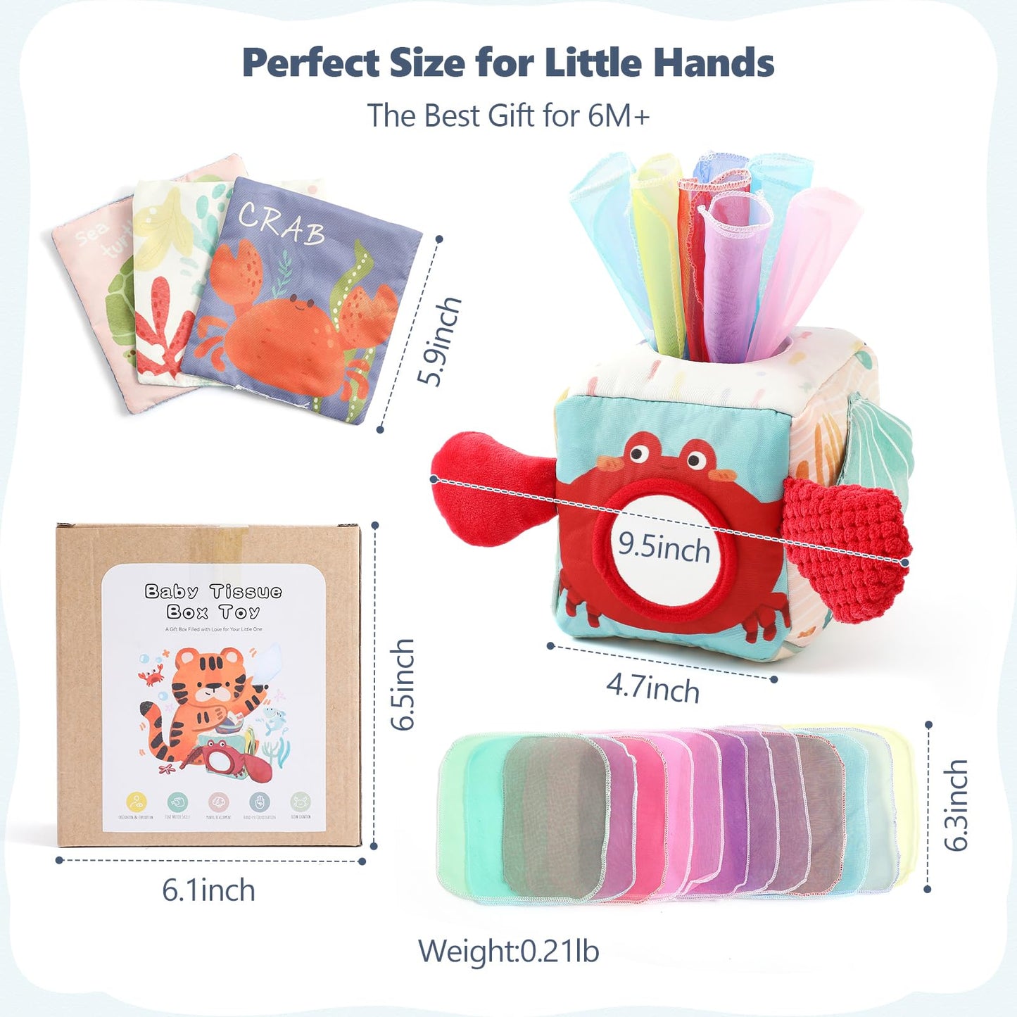 WOODEN TEETHER Tissue Box Montessori Motorikspielzeug, 6-12 Monate Sensorik Baby Spielzeug mit Spiegel, Farben, Texturen, Kinder Frühes Lernspielzeug für Jungen Mädchen Geschenke