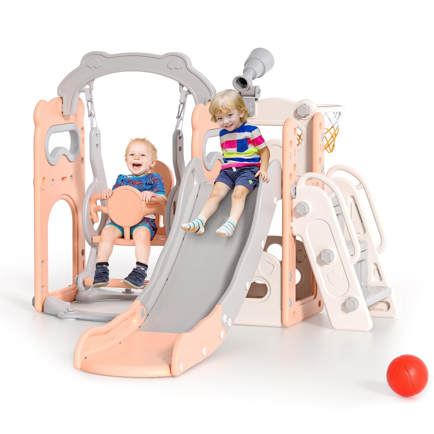 Krovtoy Kleinkindrutsche mit Weihnachtselch-Motiv, freistehende Kleinkindrutsche mit Golf-Set, Babyrutsche, Spielplatzgerät, für den Innen- und Außenbereich (Grau Beige - 6 in 1)