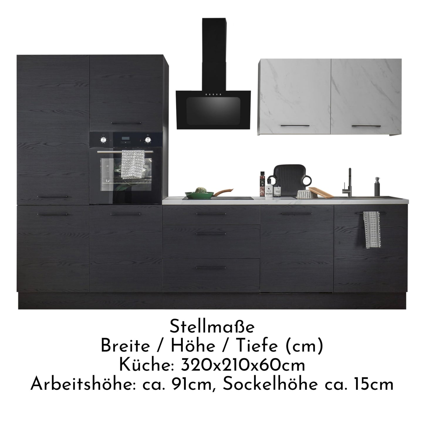 NEW YORK Moderne Küchenzeile ohne Elektrogeräte in Graphit Schwarz, Marmor Optik FSC-zertifiziert - Geräumige Einbauküche mit viel Stauraum - 320 x 210 x 60 cm (B/H/T)