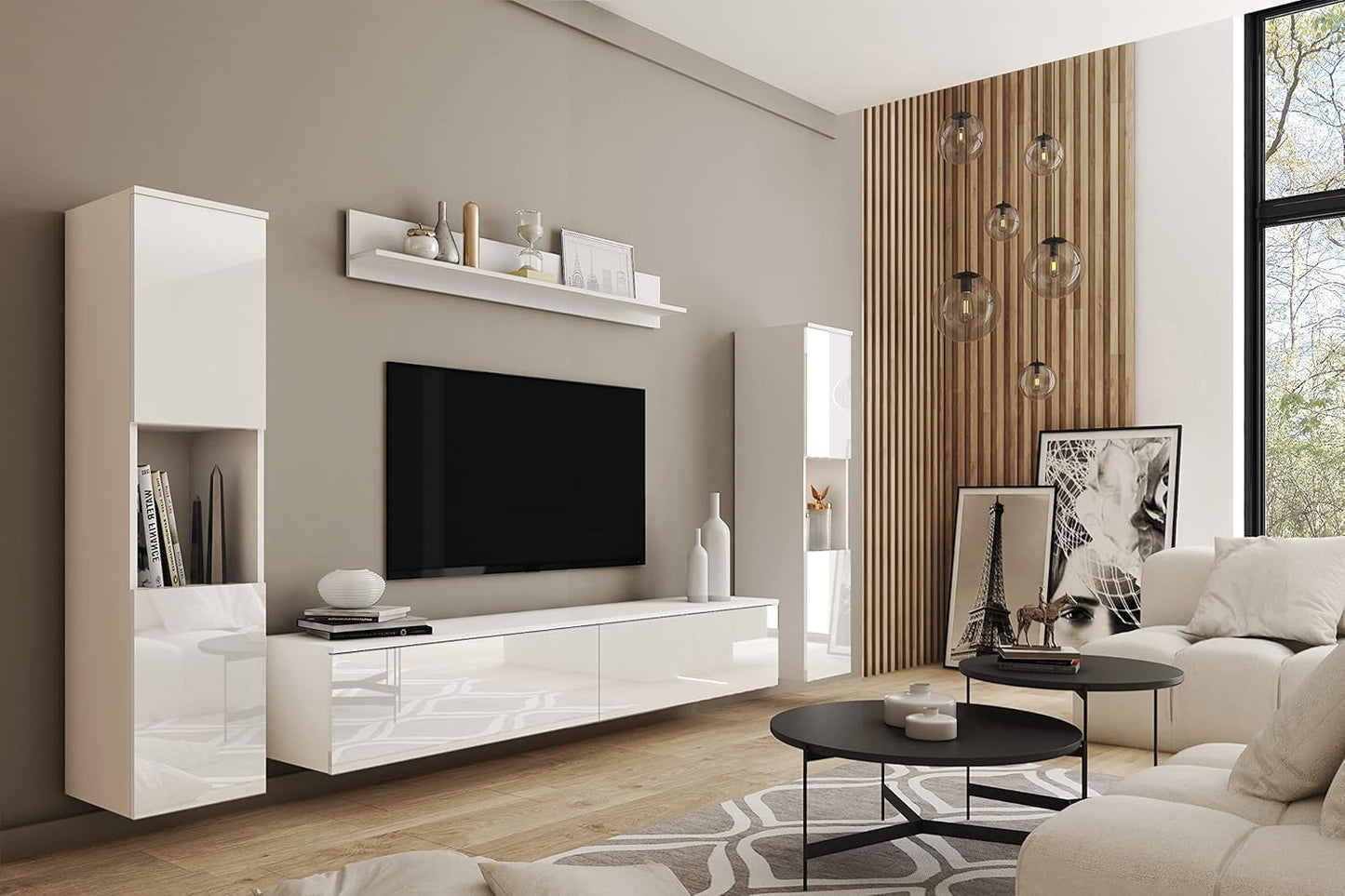MINIO go for it - Parma XL Wall Unit, 4-Piece Set, with LED Lighting, Hanging or Standing, 2 x Highboard, Lowboard, Wall Board, Laminated Chipboard, Colour: Wotan Oak