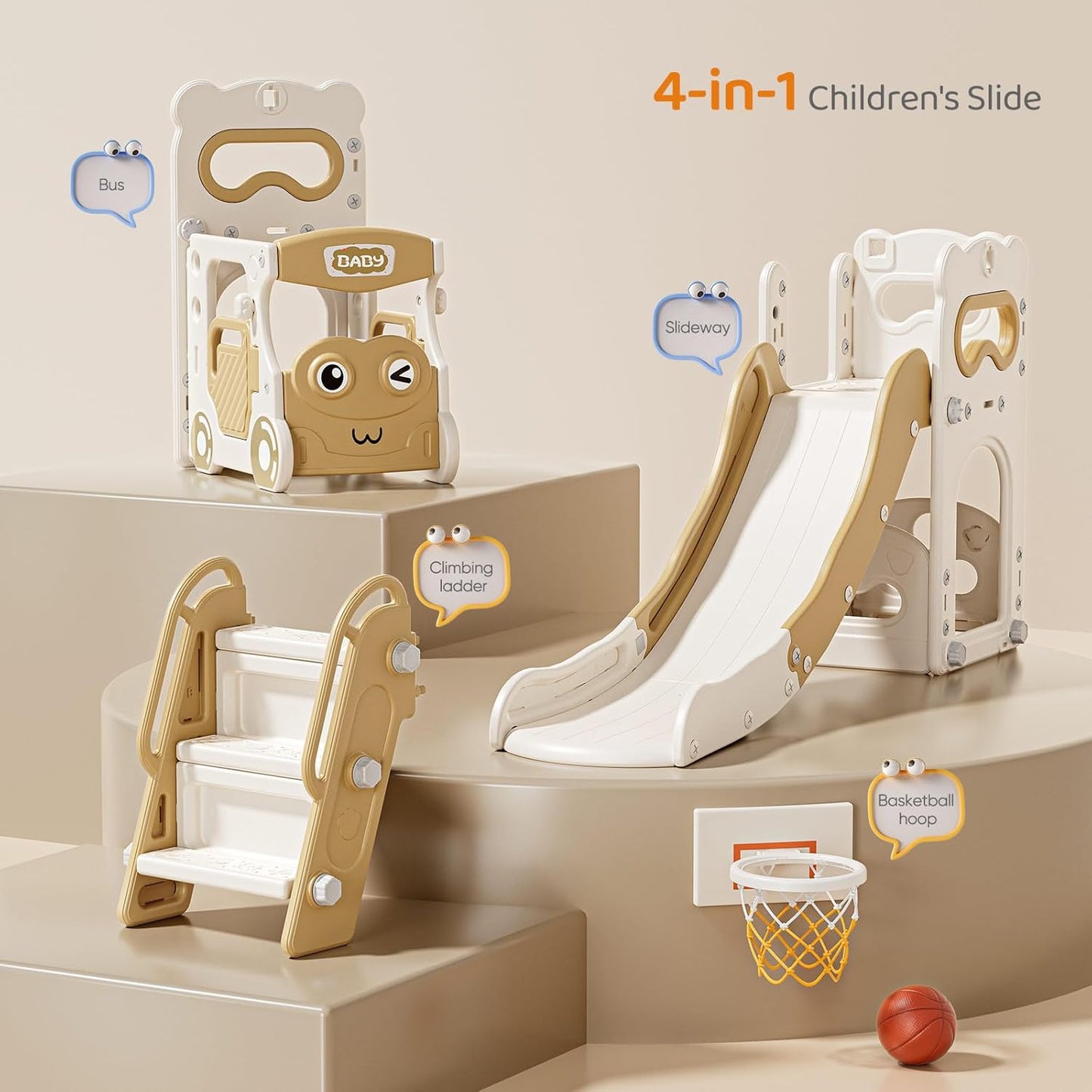 Children's Slide, Large Toddler Slide with Basketball Hoop, Climbing Frame for the Garden, Telescope, Storage Space, for 1-3 Years, Extra Long 1700 mm (7-in-1 Elk Slide Active Model (Khaki)))