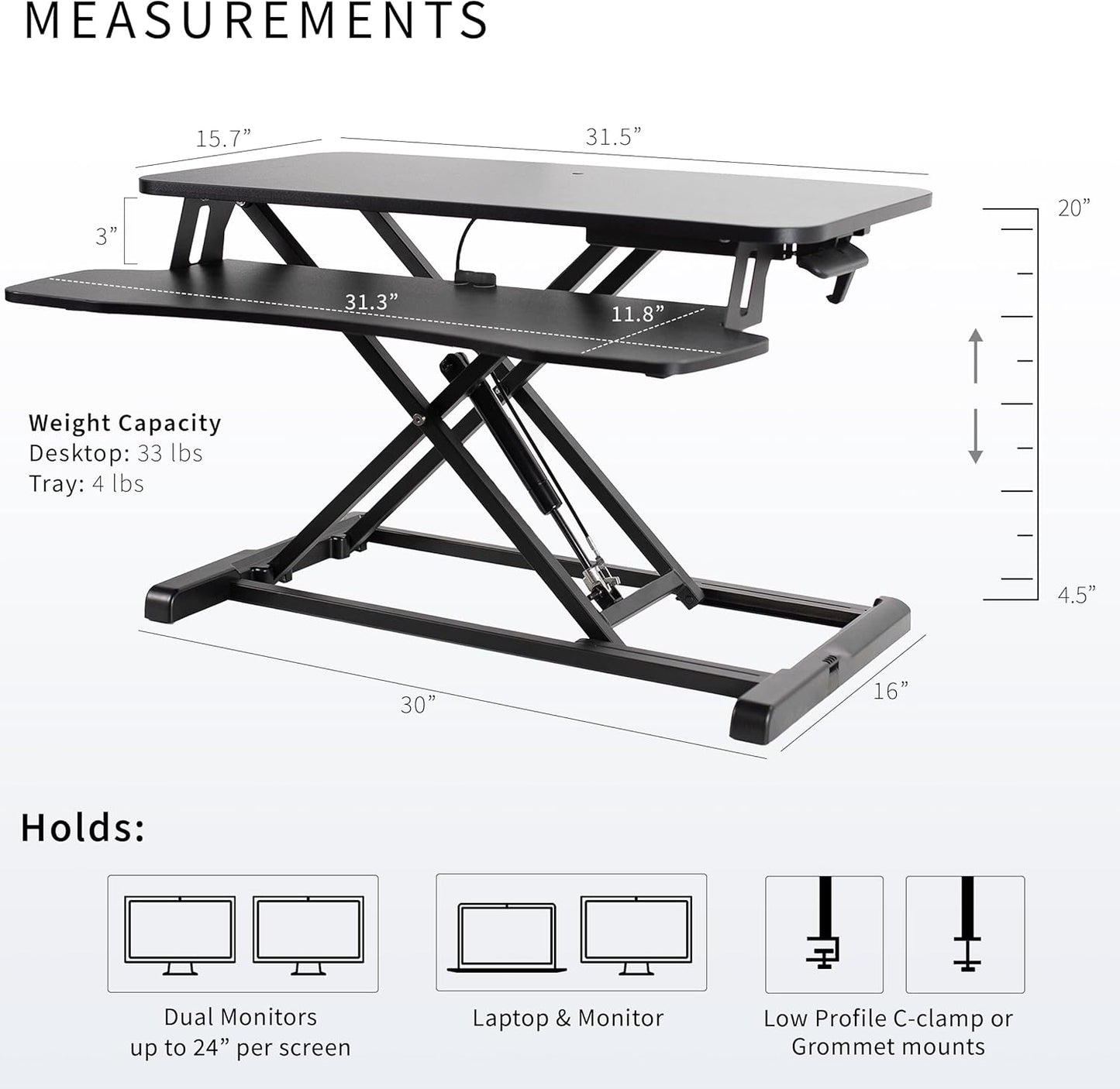 VIVO 32” Stehpult-Konverter mit höhenverstellbarem Aufsatz, Steh-Sitz-Arbeitsplatz für zwei Monitore und Laptop, mit breiter Tastaturablage, Schwarz, DESK-V000K