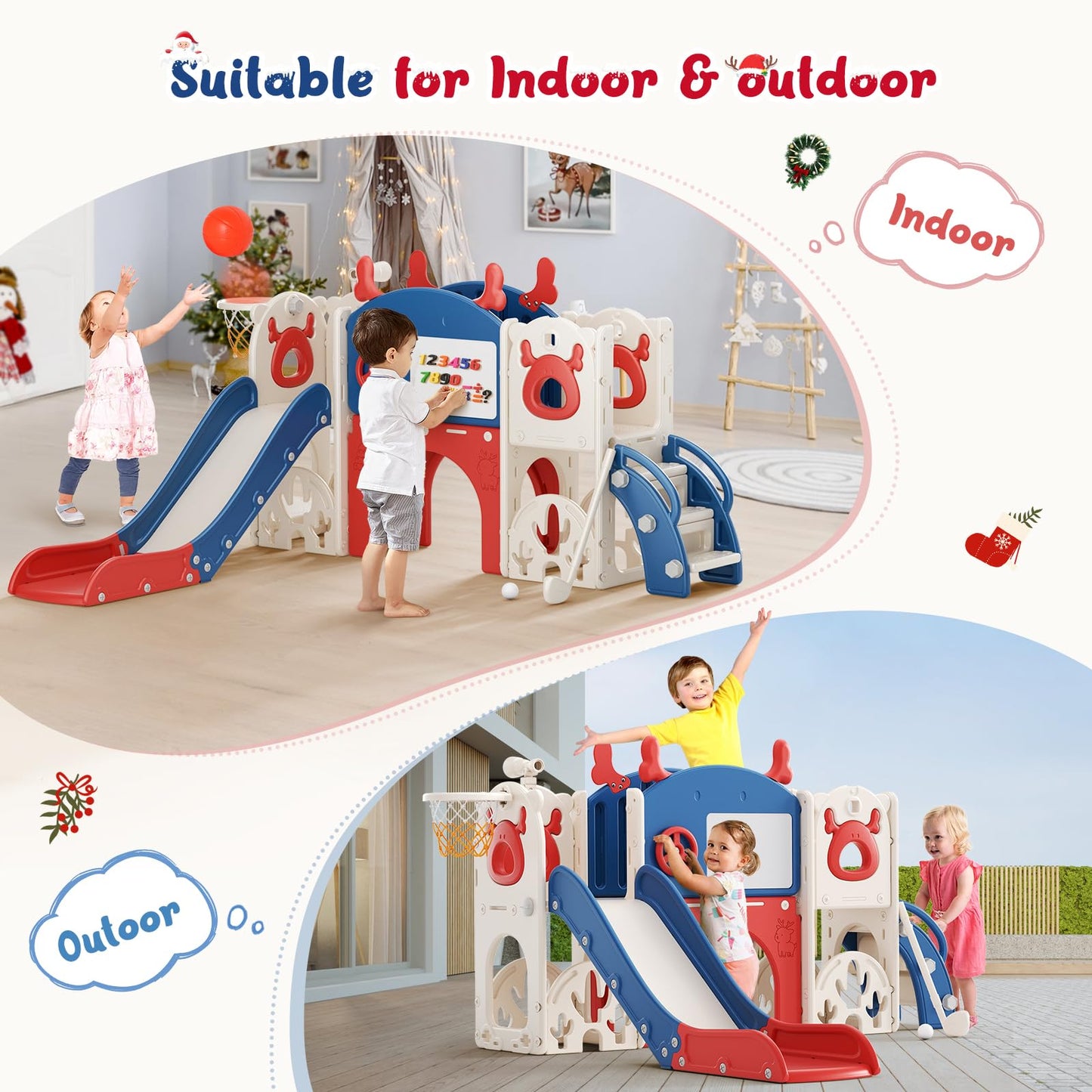 Krovtoy Kleinkindrutsche mit Weihnachtselch-Motiv, freistehende Kleinkindrutsche mit Golf-Set, Babyrutsche, Spielplatzgerät, für den Innen- und Außenbereich (Grau Beige - 6 in 1)