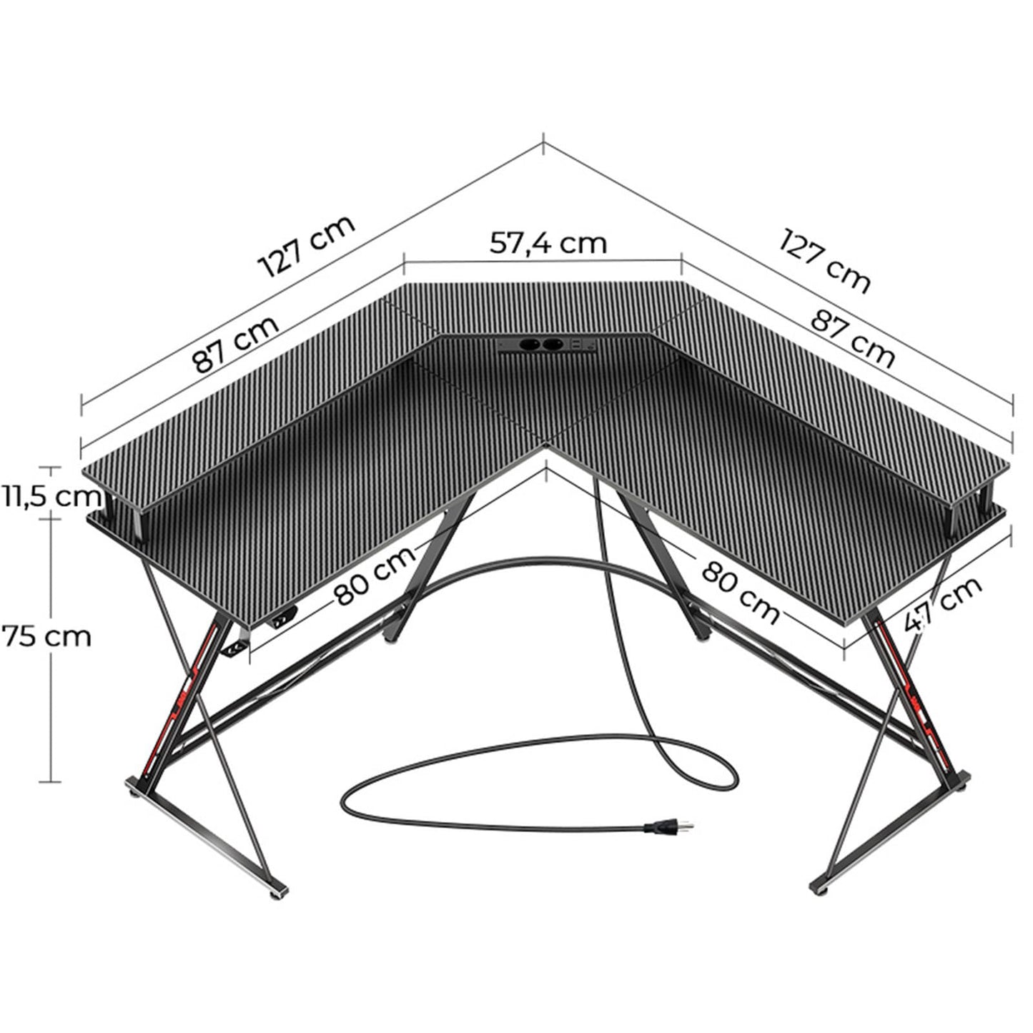 SEVEN WARRIOR Gaming Table L Shape, Gaming Desk with Socket, LED, Monitor Stand & 2 Hooks, Corner Desk with Carbon Fibre Surface, PC Computer Desk for Bedroom (127 x 127 cm)