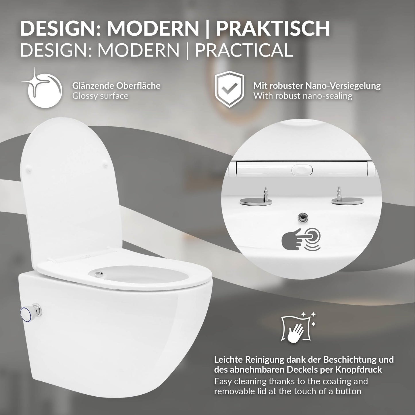 LuxeBath Wall-Mounted Toilet Rimless with Bidet Function, White, Deep Washdown Ceramic Hanging Toilet, Long 53.5 cm, Shower Toilet Nano Coating, Tornado Flush, Shiny Toilet Bowl Hanging with Toilet
