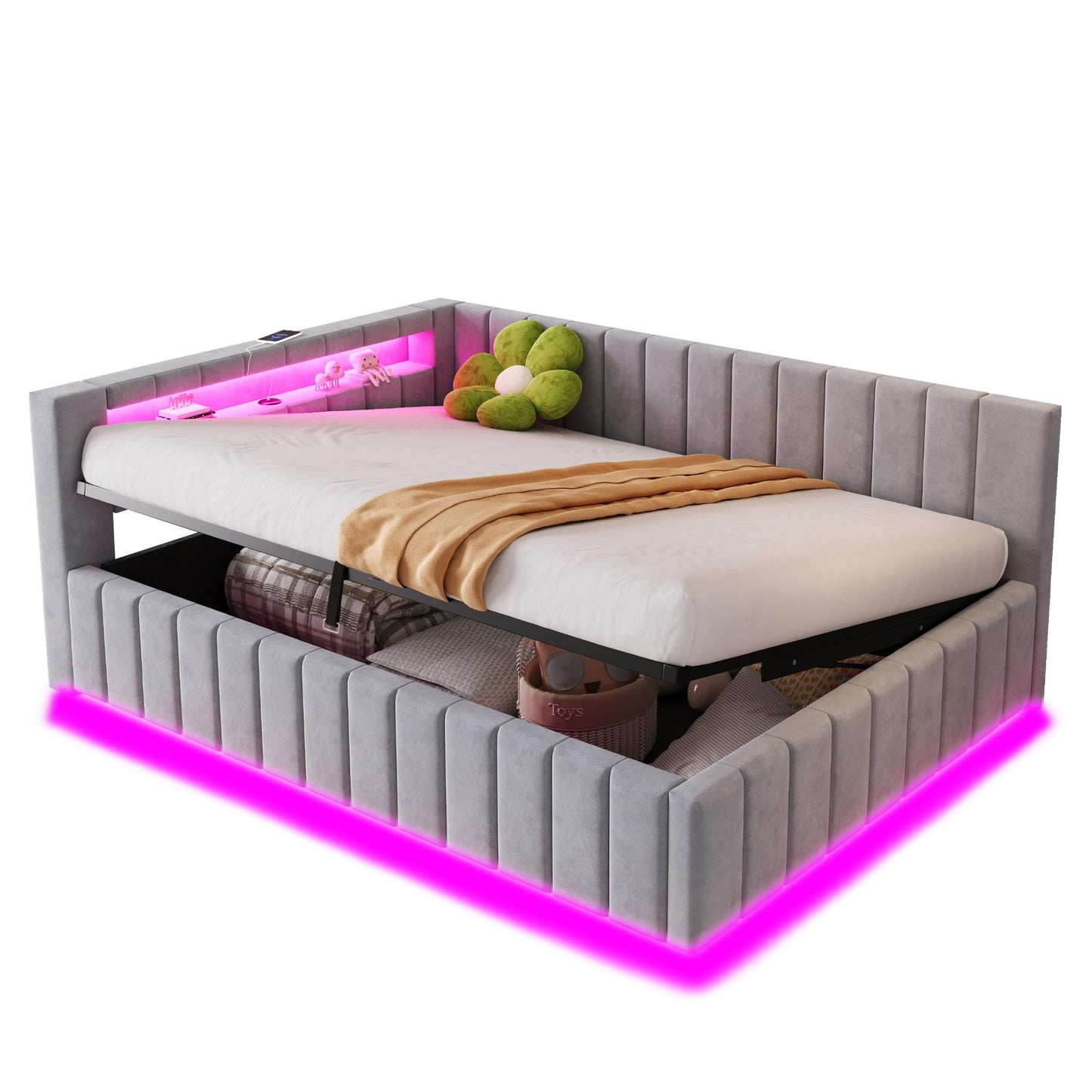 KEYIDE Upholstered Sofa Bed, 140 x 200 cm with LED Lighting and USB Charging, Bed Frame with Wooden Slatted Frame, Day Bed, Guest Bed, Youth Bed, Velvet Fabric, Without Mattress (Grey, 140 x 200)