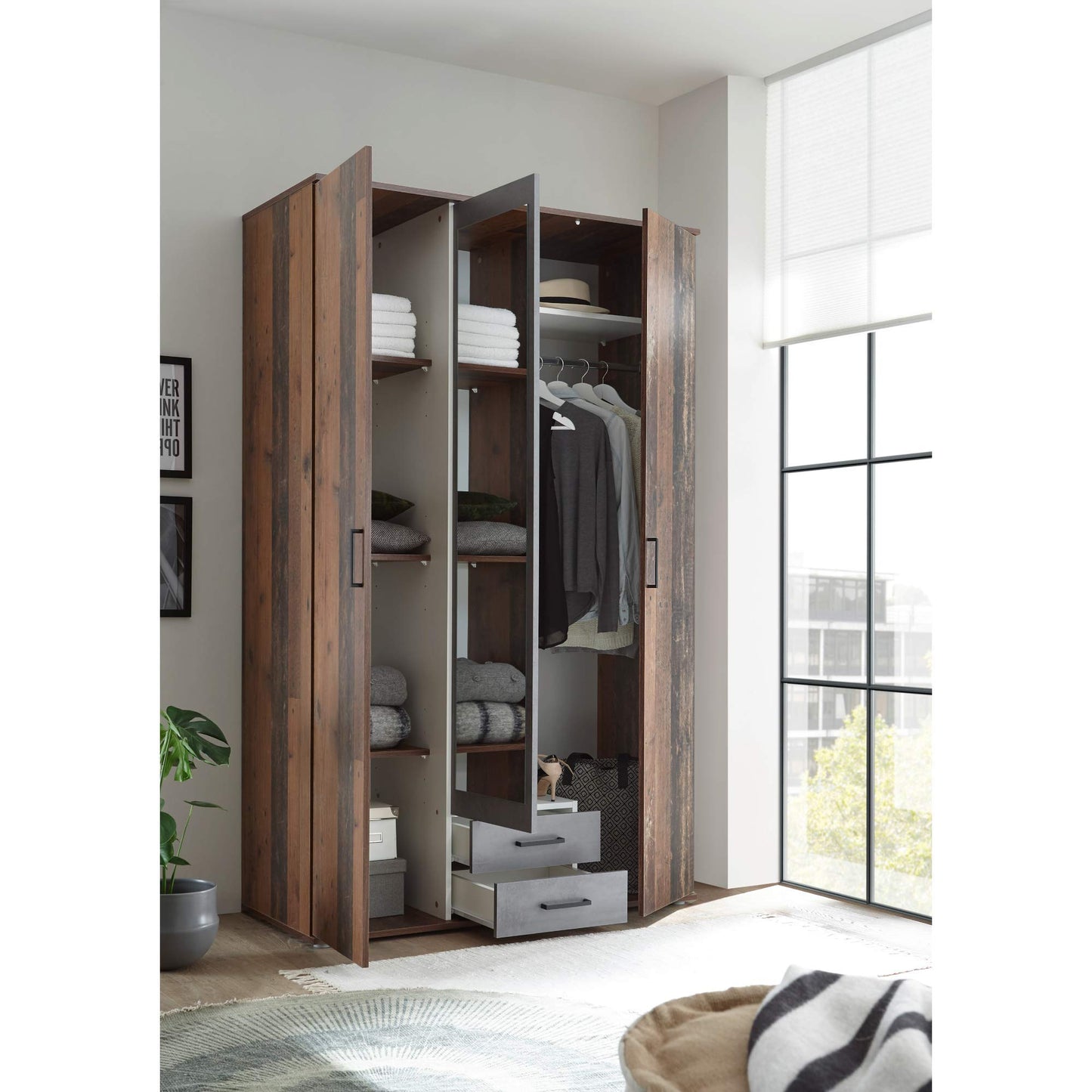 Stella Trading CHICAGO Eleganter Kleiderschrank mit viel Stauraum - Vielseitiger Drehtürenschrank in Artisan Eiche Optik und Absetzungen in Anthrazit - 156 x 197 x 54 cm (B/H/T)