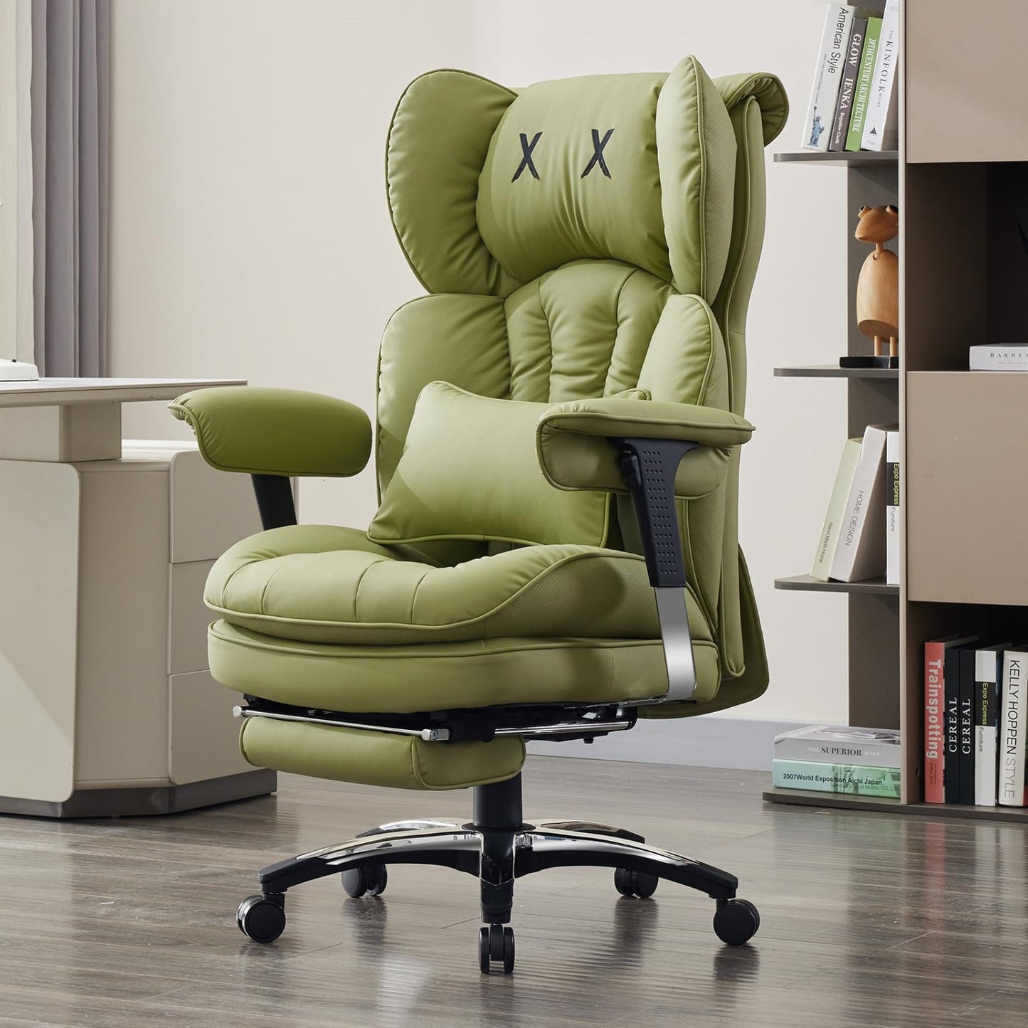 Efomao Bürostuhl, X-Stickerei Big and Tall Stuhl aus PU Leder für Zuhause, Verstellbarer Hochlehner Computer Gaming Stuhl, 200 kg drehbarer Chefsessel mit Fußstütze und Lendenwirbelstütze, Weiß
