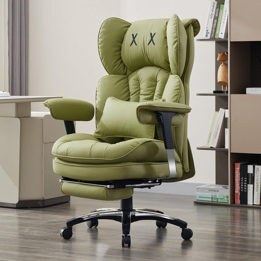 Efomao Bürostuhl, X-Stickerei Big and Tall Stuhl aus PU Leder für Zuhause, Verstellbarer Hochlehner Computer Gaming Stuhl, 200 kg drehbarer Chefsessel mit Fußstütze und Lendenwirbelstütze, Weiß