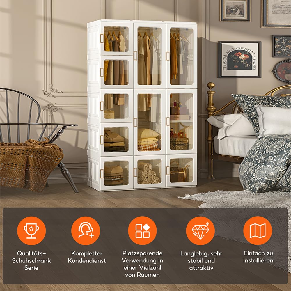 MAYIBOX Foldable Wardrobe, 104 x 170 x 50 cm, Quick Assembly, Versatile Wardrobe with Clothes Rail and Magnetic Doors, Perfect for Bedroom and Living Room, Brown Transparent Door Plate