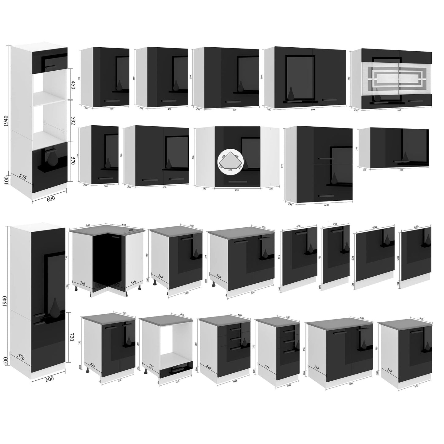 Belini Küchenzeile Küchenblock Madison - Küchenmöbel 240 cm Einbauküche Vollausstattung ohne Elektrogeräten mit Hängeschränke und Unterschränke, mit Arbeitsplatten, Weiß Hochglanz