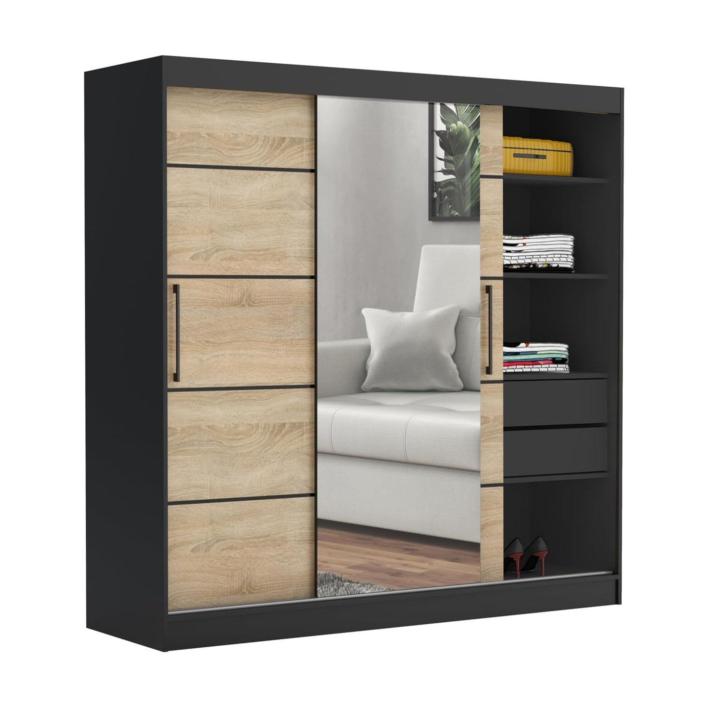 Brent - Kleiderschrank mit Spiegel und Schubladen 200cm Breit Chelsea Tomy, Schwebetürenschrank mit Spiegel, Schlafzimmerschrank, Kleiderschrank Schwarz/Wotan Eiche