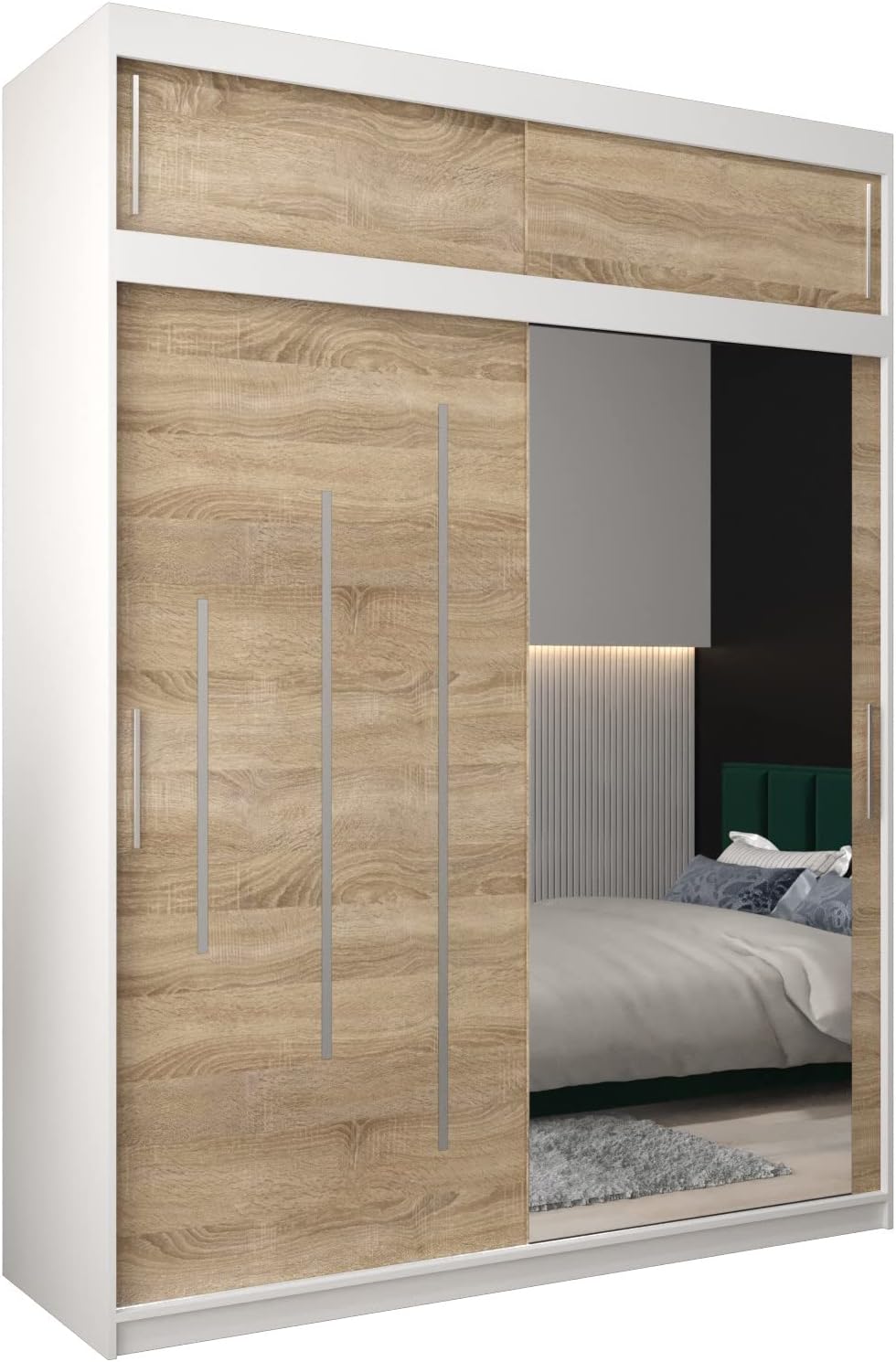 MEBLE KRYSPOL Kleiderschrank mit Spiegel York 2 - Garderobenschrank - Schrank Schlafzimmer - Mehrzweckschrank Zwei Schiebetüren - Regalen - Flur Möbel - Kleiderstange Schrank - Allzweckschrank