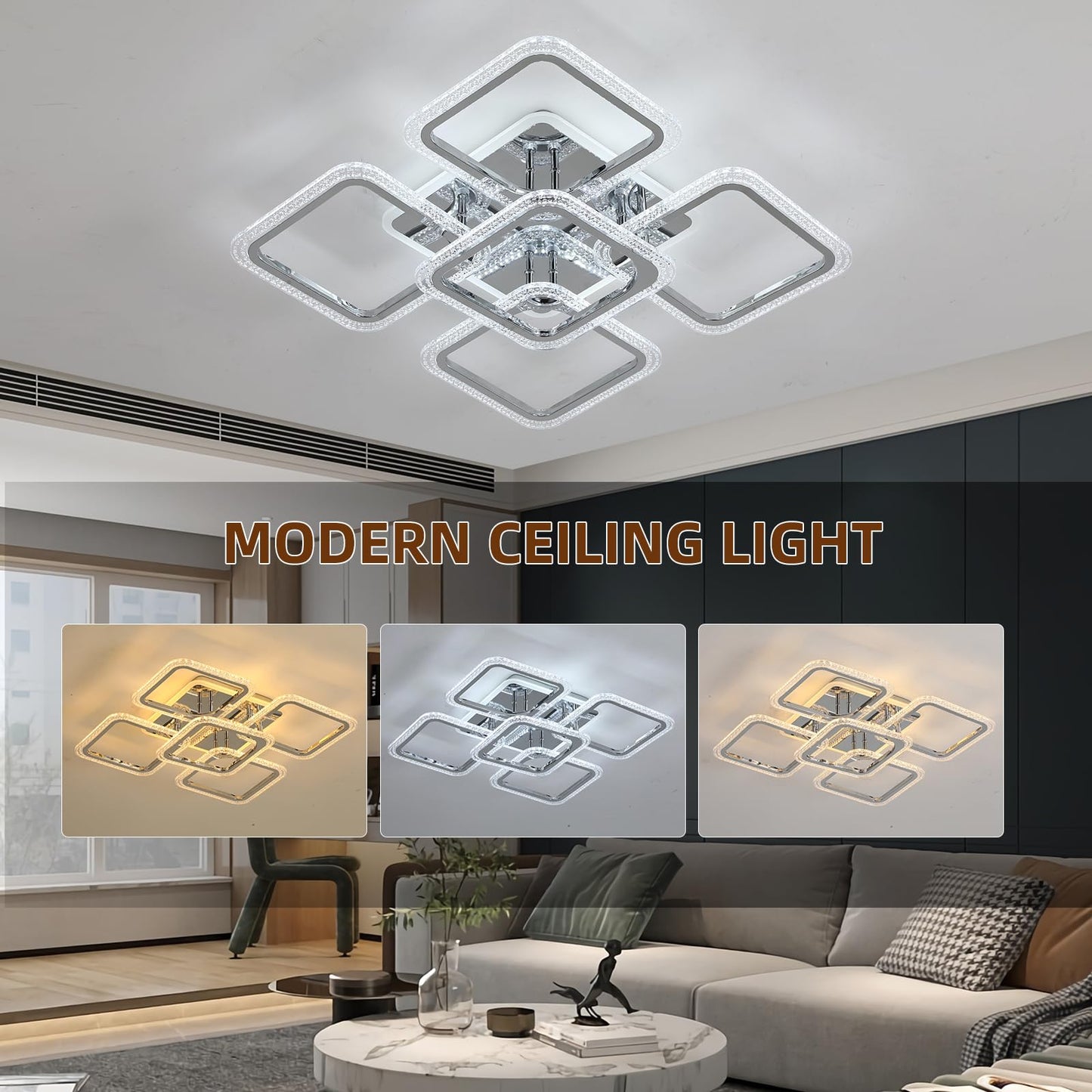 ZAITINZ Led Deckenleuchte,Wohnzimmerlampe 80W,Deckenleuchte Dimmbar mit fernbedienung 3000-6000K,5 Quadratische Deckenlampe Led,Moderne Deckenleuchten für Wohnzimmer,Schlafzimmer,Küche,Flur,Chrom
