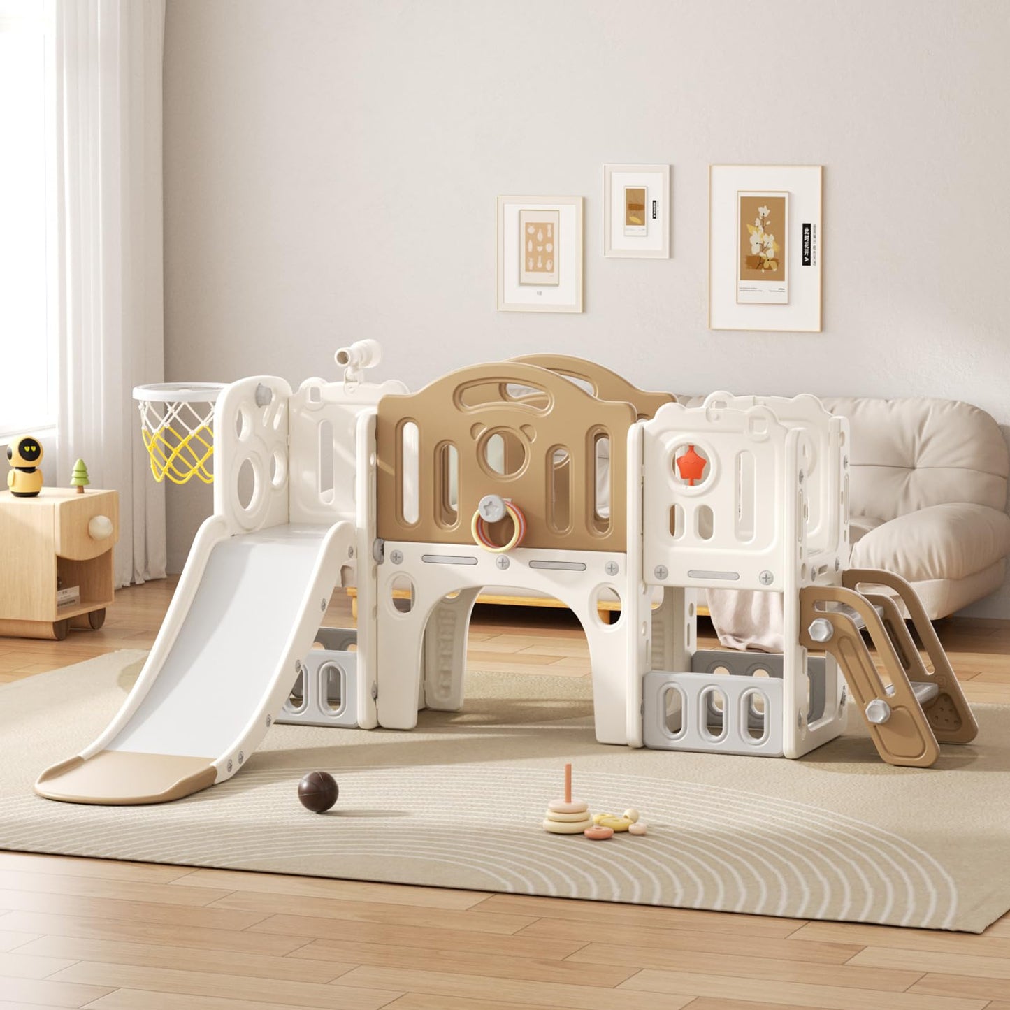 Rutsche mit Klettergerüst für Kinder: Indoor Spielplatz mit - Aufbewahrungsbox Tunnel Treppenleiter Basketballkorb und Durchgangsbereich Gartenrutsche (Star Set-G-Brown)